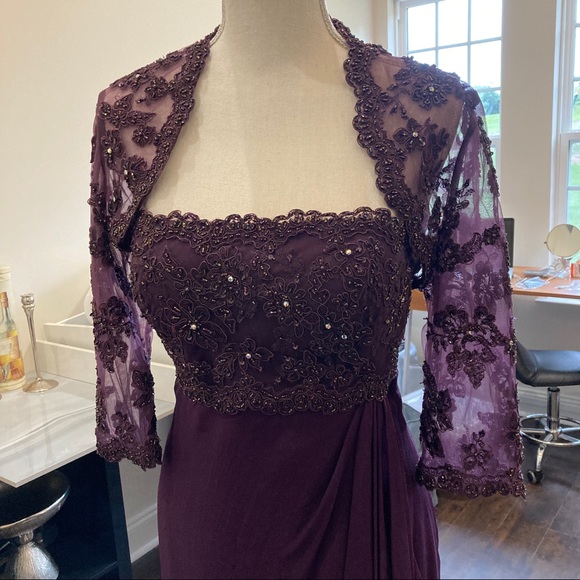 Mon Cheri Dresses & Skirts - Mon Cheri Strapless Beaded and Sequined Purple Chiffon Formal Midi Dress